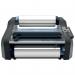 This picture shows a GBC Ultima 35 EzLoad™ A3 laminating machine in black. The machine has a sleek design with a large control panel and clear instructions. It is currently laminating a document, and the LED lights indicate it is ready for use. The glossy finish of the laminated paper can be seen in the background. The machine also features a built-in trimmer for precise cutting.