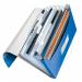 The photo shows a vibrant blue metallic ACCO Brands Expanding File from the Leitz WOW collection. Made of durable polypropylene material, it has a 250 sheet capacity and comes in a pack of 5. The outer carton features the product name and brand logo.