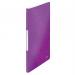 The photo shows a vibrant purple Leitz WOW display book made of polypropylene. It has 20 pockets and can hold up to 40 sheets of A4 paper. The outer carton contains 10 of these display books.