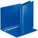 The photo shows a stack of 16mm A4 blue presentation ring binders from ACCO Brands Esselte. Each binder has four round rings and is packaged in an outer carton of 10. The binders have a sleek and professional look, perfect for organizing important documents.