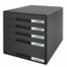 The photo shows a sleek black cabinet with 5 drawers, each labeled with the Leitz logo. The drawers are neatly organized with files and papers, showcasing the spacious storage capacity of the Leitz Drawer Sets. The modern design adds a professional look to any office space.