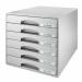 The image features a sleek and modern Leitz Plus 6 Drawer Cabinet in A4 size. The drawers are a subtle shade of grey and are neatly stacked on top of each other. The cabinet is made by renowned brand Leitz and is perfect for organizing important documents.