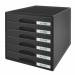 The picture features a sleek and modern Leitz Plus 6 Drawer Cabinet in black, with each drawer fitting A4-sized documents. The drawers are neatly stacked on top of each other, creating a compact and organized storage solution.