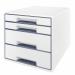 The Leitz WOW CUBE Drawer Cabinet features four drawers - two large and two small - in a sleek white design. It is sized to accommodate A4 Maxi documents.