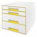 The photo features a stylish and functional Leitz WOW CUBE Drawer Cabinet, showcasing 4 drawers in a mix of big and small sizes. The white and yellow design adds a pop of color to any A4 Maxi-sized space.