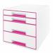In this image, we see a sleek white and pink Leitz WOW CUBE Drawer Cabinet. It features 4 drawers in both big and small sizes, perfect for organizing A4 Maxi documents. The cabinet is modern and stylish, making it a great addition to any workspace.