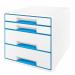 The Leitz WOW CUBE Drawer Cabinet features four drawers, two large and two small, perfect for storing A4 Maxi documents. The cabinet is white with pops of blue, adding a colorful touch to any workspace.