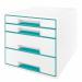 The Leitz Drawer Sets WOW CUBE Drawer Cabinet consists of four drawers (two big and two small) and can hold A4 Maxi paper size. The drawers are a vibrant white and ice blue color.