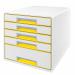 This photo shows the Leitz WOW CUBE Drawer Cabinet in a bold combination of white and yellow. It features 5 drawers, with 1 large and 4 small, perfect for organizing A4 Maxi sized documents. The clean design and vibrant colors make this drawer set a standout piece for any office space.