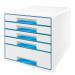 This picture shows a Leitz WOW CUBE Drawer Cabinet, featuring a total of five drawers (one big and four small) in A4 Maxi size. The cabinet is primarily white in color, with blue accents.