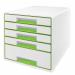 The image shows a modern, stylish Leitz WOW CUBE drawer cabinet with 5 drawers in varying sizes, perfect for A4 Maxi documents. The sleek design combines white and green colors for a fresh and eye-catching look.