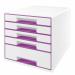 This photo features a Leitz WOW CUBE Drawer Cabinet, with 5 drawers (1 big and 4 small) designed to hold A4 Maxi documents. The cabinet has a sleek white and purple color scheme and is perfect for organizing and storing various items.