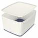 The picture shows four Leitz Storage Boxes in the A4 MyBox Large size, each with a lid. The boxes are ideal for both home and office use and have a matt finish. They are made of white and grey plastic and have a capacity of 18 L. The picture shows the outer carton that contains the four boxes.