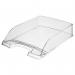 The photograph displays five transparent letter trays from ACCO Brands, part of the Leitz Plus collection. The trays are made for A4 size paper and have a glass clear appearance. They are packaged in an outer carton.