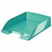 This picture shows a group of five Leitz WOW Letter Trays in the color Ice Blue. The trays are designed to hold A4-sized paper and are neatly packaged in an outer carton. They have a sleek and modern look, making them a stylish addition to any workspace.