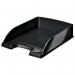 This picture shows a set of Leitz WOW letter trays, specifically the Plus model designed for A4 size documents. The trays are black in color and are packaged in an outer carton with a quantity of 5.