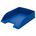 The photograph shows a set of five blue letter trays from ACCO Brands, specifically the Leitz Plus Letter Tray A4. The outer carton can be seen in the background, with the sleek and modern design of the trays in the foreground. The trays are stacked neatly on top of each other, creating a professional and organized appearance. Each tray is labeled with a simple, yet bold, A4 label on the front. Overall, the photograph showcases a practical and efficient way to store and organize documents.
