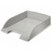 This photograph shows a set of Leitz letter trays, specifically the Plus Letter Tray in standard size for A4 papers. They come in a grey color and are packaged in an outer carton containing 5 trays. Perfect for organizing documents and papers in any office or home setting.