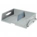 The image shows a stack of grey Leitz letter trays, with each tray measuring 470 x 355 x 90 mm. The trays are arranged in a jumbo size and come in an outer carton of 6. The design is sleek and modern, making it a functional and stylish addition to any workspace.
