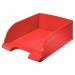 The image shows a set of four red Leitz Plus Jumbo Letter Trays, made by ACCO Brands. The letter trays are designed for A4 sized paper and are neatly stacked in their outer carton. The bright red color stands out and adds a pop of color to any office space.
