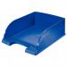 The image shows four blue ACCO Brands Letter Trays Leitz Plus Jumbo Letter Trays, each capable of holding A4 sized documents. The trays are neatly stacked within an outer carton. The bright blue color adds a pop of vibrancy to any workspace.