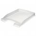 The photograph shows 10 clear, slim letter trays from Leitz, neatly stacked in their outer carton. The trays are designed for A4 sized documents and have the Leitz Plus logo on them.