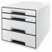 This picture features a sleek and modern 4-drawer unit from Leitz CUBE WOW, with 2 large and 2 small drawers, all in a sophisticated white and black color scheme. Its designed to hold A4 sized documents and has a stylish and functional appearance.