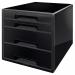 The image shows a black Leitz CUBE 4 drawer unit, with 2 big drawers and 2 small drawers. It is designed to hold A4 Maxi sized items. The unit has a sleek and modern look, perfect for organizing any workspace or home office.