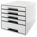 The Leitz WOW CUBE Drawer Cabinet features five drawers and can hold A4 size documents. The cabinet is white and black and has a sleek and modern design. Its compact size makes it perfect for organizing your office space. The drawers are easily accessible and provide ample space for storing items.