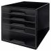 The photograph shows a sleek, black Leitz CUBE 5 drawer unit, consisting of 1 large drawer and 4 smaller drawers. It is designed to hold A4 Maxi sized documents.