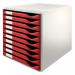 The photo shows a burgundy Leitz Drawer Set with 10 drawers, designed to organize A4 documents. Each drawer has a Leitz Form Set for easy filing. The unit has a sleek and functional design perfect for any office space.