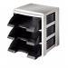 The Leitz Letter Trays Leitz Plus Letter Tray Rack appears sleek and professional in a glossy black finish. The letter trays fit seamlessly into the rack, providing convenient organization and storage for documents.
