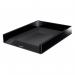 In the image, there are four black Leitz letter trays arranged side by side. The trays have a sleek, extra slim design and can accommodate A4 size documents. The front of each tray features a dual color scheme with a glossy finish. The product comes packaged in a sturdy outer carton.