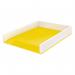 This picture showcases a set of Leitz letter trays in a dual colour design, white and yellow. The trays are designed to hold A4 sized papers and have a sleek and modern look. They are perfect for organizing and storing documents in any office or work space.
