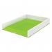 This photo features a stunning Leitz WOW Letter Tray in a sleek white and vibrant green color combination. Designed to organize A4-sized documents, this dual-colored tray is both functional and visually appealing.