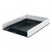 The picture shows a sleek, modern set of Leitz letter trays in dual white and black colors. The A4 sized trays are stacked on top of each other, providing an organized and visually appealing way to store papers and documents. The metal edges add a touch of sophistication to the overall design.