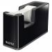 The image shows a black Leitz tape dispenser with the brands logo on the front. The dispenser has a sleek, modern design and features a sharp cutting blade. The dispenser is filled with a roll of clear tape, ready to be used for any task.