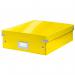 The photo shows a bright yellow Leitz WOW Click & Store Medium Organiser Box, with the Leitz logo on the front. It has a sleek design with a secure click closure, and is labeled Medium for size. The box is perfect for storing and organising various items.
