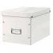In the picture, the storage box is a large cube shape, with a sleek white design. It has the Leitz WOW Click & Store logo on the front and is labeled Leitz Storage in black font. The lid has a secure click closure and the box is stackable for easy organization.