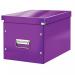 The picture shows a vibrant purple Leitz WOW Click and Store Cube Large Storage Box from Leitz Storage Boxes. The box is sturdy and compact, with a convenient lid that clicks into place for secure storage. Its sleek and modern design makes it a stylish addition to any workspace or home.