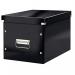 The image shows a sleek black Leitz WOW Click & Store Cube Large Storage Box, with the Leitz logo prominently displayed on the front. The box features a click system for easy and secure storage and has a modern, minimalist design. It is perfect for organizing office supplies or personal items. The box is made from sturdy materials and is stackable for efficient storage.