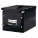 This photograph shows a rectangular black storage box from Leitz WOWs Click & Store Cube collection, with a medium size and a label holder on the front. The box has a sleek and modern design, and appears sturdy and functional.