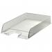 The photograph shows a set of 10 Esselte Europost A4 letter trays in a clear glass finish. The trays feature a modern and sleek design, with a stackable structure for easy organization. Perfect for any office or workspace.