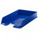 The picture shows a set of Esselte Letter Trays in a vibrant shade of blue. They are designed for holding A4 size papers and come in a pack of 10. The trays are neatly stacked in an outer carton, making them easy to store and transport.
