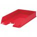 This photograph shows a stack of ten Esselte VIVIDA A4 Europost Letter Trays in a vibrant shade of red. Each tray has the Esselte logo on the front, and they are neatly packaged in an outer carton. The letter trays are made for organizing and storing A4 size documents and have a sleek, modern design.