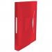 The photograph shows a set of five Esselte VIVIDA expanding project files in a vibrant translucent red color. Each file has six tabs for easy organization. The files are designed to hold A4 sized papers. This set is packaged in a sturdy outer carton for protection during transport.