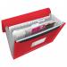 The picture shows a set of red translucent folders, neatly stacked in an outer carton. Each folder has six tabs, and the brand name Esselte VIVIDA can be seen printed on the cover. The folders are of A4 size and are designed to expand to accommodate multiple documents. The vibrant red color gives them a striking look, making them easy to spot among other files. The packaging contains a set of 5 folders, making it a practical solution for organizing projects or documents.