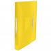 The image shows a set of Esselte VIVIDA Expanding 6 Tab Project Files in a translucent yellow color. Each file can hold A4 sized papers and has a capacity to expand. The set comes in an outer carton containing 5 files. The ACCO Brands logo can be seen on the packaging. The files are neatly organized and labeled with tabs for easy identification. The translucent material of the files allows for a quick glance at the contents. Overall, the image portrays a professional and efficient way to organize and store important documents.
