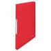 This image shows a vibrant red Esselte VIVIDA A4 ring binder, made of 2.50mm spine polypropylene material. The translucent design allows for easy viewing of contents. The outer carton contains 10 binders.