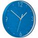 The Leitz WOW Silent Wall Clock in Blue features a minimalist design with sleek white hands against a blue background. The clock is adorned with Leitz branding and a swirling pattern, adding a modern touch to any room.